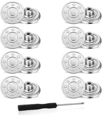 8 stycken jeansknappar, 20 mm silver, ersättningsknappar för byxor, nålfria knappar, justerbara jeansknappar för byxor, avtagbara metallbyxknappar, justerbart knappersättningsset