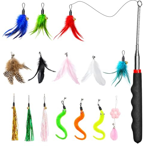 GYTFOG 16PCS Interactive Cat Toys – 1 Stainless Steel Cat Wand + 15 Assorted Teasers – Interactive Cat Feather Wand Toys for Boredom and Exercise, Cat Feather Toy Set for Indoor Cats Adult & Kittens