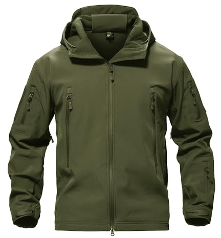 TACVASEN Men Winter Windproof Snow Rain Softshell Parka Jacket Tactical Hoodie Fleece Hunting Pockets Ski Coats Hunting Army Green XL