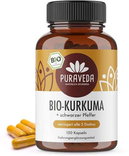Gélules de Curcuma Bio hautement dosées (150 gélules) - 650mg de curcuma au poivre - Sans stéarate de magnésium - Curcumine, pipérine - Mis en bouteille et contrôlé bio en Allemagne - Biotiva