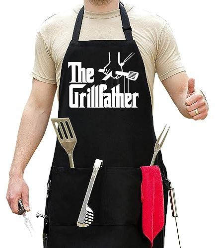 APRON DADDY Tabliers pour homme – The Grillfather – Tablier de barbecue pour griller – Extra Large 1 taille universelle – Tablier en poly/coton avec 2 poches – Cadeau pour père cuisinier papa, mari