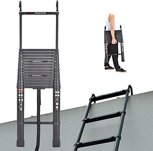 Heavy Duty Aluminum Multi-Purpose Ladder, 6.2M Telescopic Ladder with Detachable Hooks, Non-Slip Rubber Feet, 150KG Max Load Capacity, EN131 Standard Portable Folding Step Ladder, Black