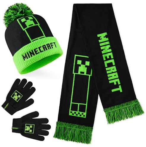 Minecraft Bonnet Garçon Ado Ensemble Vêtement Accessoires d'Hiver 3 Pièces avec Écharpe et Gants ou 2 Pièces Bonnet Gants (6-14 Ans, Vert/Noir Creeper, 3 Pcs)