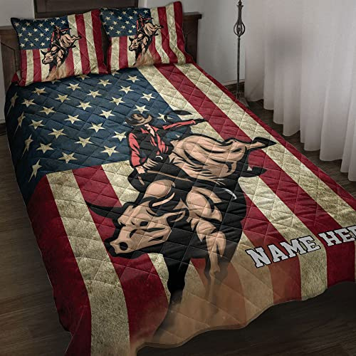 Ohaprints Custom Cowboy Rodeo Bull Riding American Flag Gift Personalized Name Quilt Blanket & Pillowcases, Quilts Bedding Set & Pillow Cover, King Queen Double Twin Throw Full Size Bedspread Bed Sets