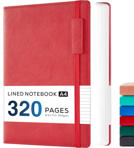 NIRMIRO Taccuino Diario formato A4 per donne e uomini, quaderno A4 con copertina rigida, carta rigata da 100 g/m², 320 pagine blocco note con tasca interna, copertina in pelle, 21,5 x 28 cm, rosso