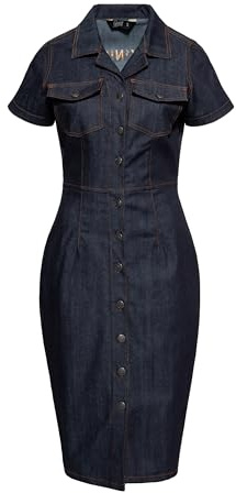 Queen Kerosin Damen Pencil Dress Bleistiftkleid Etuikleid Denim Jeans Rockabella Rockabilly 50S 1950S Vintage Retro Rock'n'roll Pin-Up Stickerei Rock'n'roll Rebel Queens