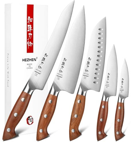 HEZHEN Ensembles de Couteaux de Cuisine German en Acier 5 Pièces，Set de Couteaux de Chef Professionnels en Acier Inoxydable Couteau Santoku, Manche en Redwood