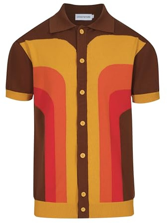 OXKNIT Polo Hommes Manches Courtes Rouge Noir Chevron Polo Button Down T-Shirt en Tricot des Années 1960
