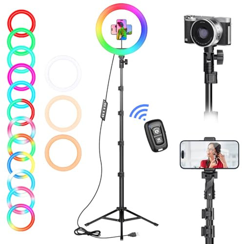 Aro de Luz con Tripode, 10 Ring Light con Modo RGB y Control Remoto – Ideal para Selfies, Vídeos, Fotografías y Transmisiones en Directo