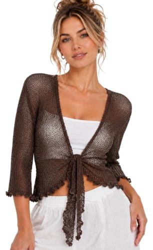 janisramone® Bolero para mujer, punto fino doble de manga 3/4, lazo frontal, cárdigan tipo bolero para mujer, cárdigan corto elástico, ligero de verano, tops de noche para mujer, marrón, Altoa única