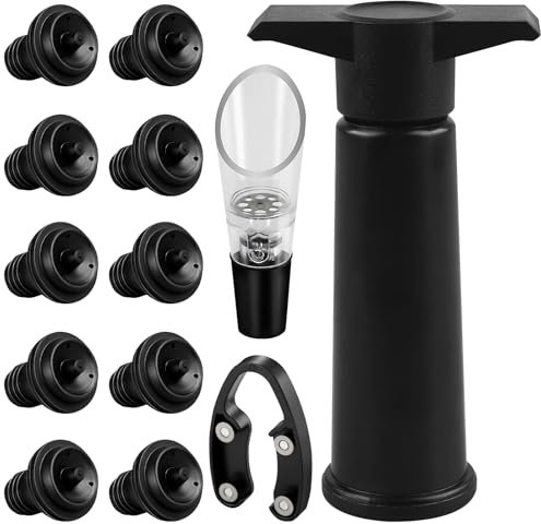 WIYETY 1 set di pompa sottovuoto per vino con 10 tappi, pompa per vuoto Wine Saver con beccuccio decantatore e tagliacapsule, pompa per vino, tappo sottovuoto per mantenere il vino fresco (nero)
