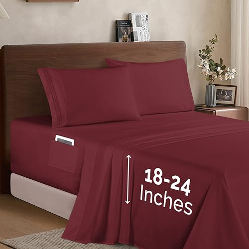 Elegant Comfort Luxury 1500 Premium Hotel Quality Microfiber 4-Piece Sheet Set - Soft, All Around Elastic 18-24 Inches Deep Fitted Sheet - Extra Deep Pocket Sheets, Queen, Burgundy