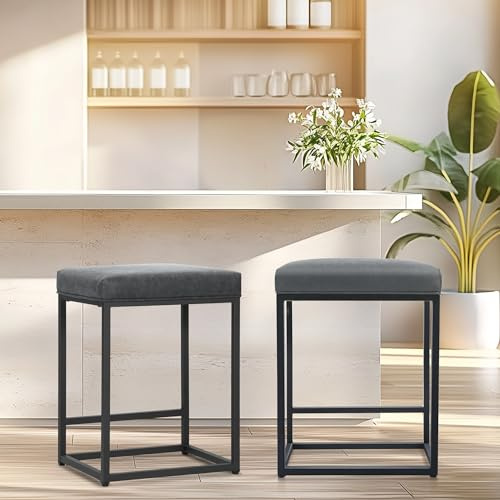 ALPHA HOME 2 Barhocker mit Fußstütze, Küchenstühle PU-Leder, rückenfreier Hocker, Tresenhocker, Bistro-Hocker, für Indoor Outdoor Esszimmer, Home Bar, Kaffee Stühle (Grau)