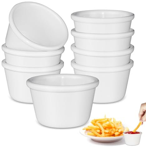Aleker Paquete de 8 ramequines, ramequín de plástico de 1.5 onzas, cuencos pequeños para salsa, cuencos blancos para servir, cuencos reutilizables para crema brulee, mermelada, crema, pudín, soja,