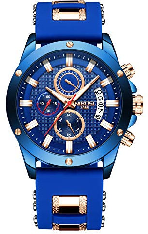 NIBOSI Orologio da Polso Cronografo, Quadrante Blu, Cinturino in Silicone, Dettagli in Oro Rosa, Impermeabile, Elegante, Raffinato, Fashion, Casual, Sportivo, Data, alla Moda, di Lusso, al Quarzo