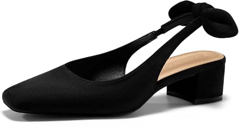 Coutgo Womens Chunky Low Heels Bow Slingback Pumps Closed Square Toe Wedding Party Dress Shoes, Black, Size 7.5