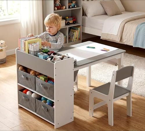 MAMIZO Kindertisch mit 2 PCS Stühlen, Maltisch & Basteltisch Kinder, Tisch & Stühle Kinderzimmer Set, Spieltisch mit Stauraum für Kinder ab 3 Jahren (Grau Weiß)