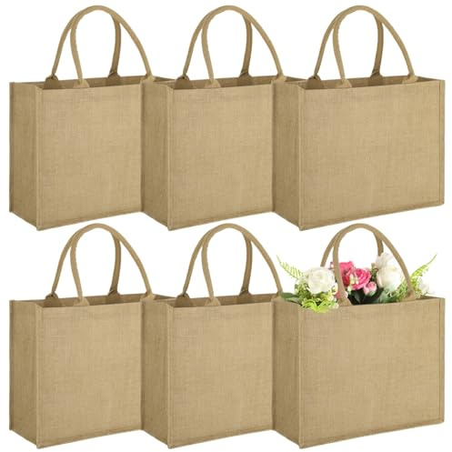 YOFAPA 6 Pcs Jute Burlap Tote Bag - Reusable Large Shopping Bag with Handles, Easy DIY Crafts Bags for Grocery, Shopping, Bridesmaid Wedding,39 x 31 x 15 cm