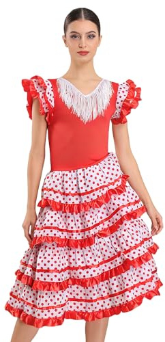 Wildarms Disfraz de Sevillana Mujer - Vestido Flamenca Adulto con Volantes y Lunares - Traje Tradicional Andaluz para Feria, Flamenco y Carnaval