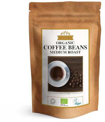 Ausha Organic Indian Coffee Beans 1kg | Medium Roast - UK Certified Organic by Soil Association - GREAT TASTE PRODUCER - No Pesticides or Colourings - Lab Tested