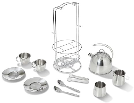 Melissa & Doug Stainless Steel Pretend Play Tea Set and Storage Rack for Kids (11 pcs)