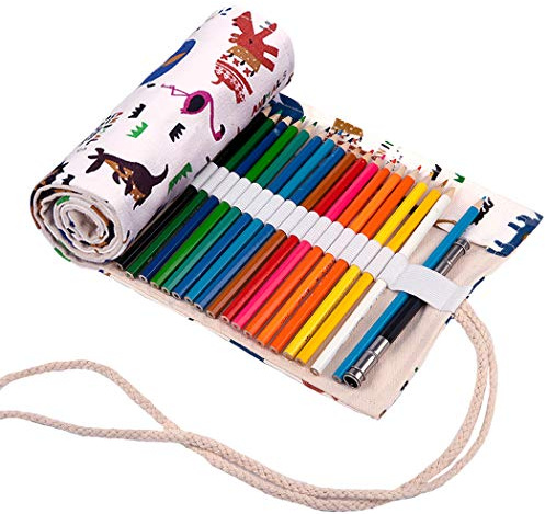Amoyie Roll Up Pencil Case for 72 Coloured Pencils, Colouring Pens Organiser Bag, Artist Wrap, Canvas Holder, Zoo White