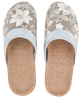 Femme Sandales Plates Été Chaussons en Lin Anti-Glisse Respirant Slipper d'Intérieur Extérieur Chaussure en Maille Brodée Pantoufles de Piscine Plage Voyage Sauna Séchage Rapide Sabot Mule Gris 39-40