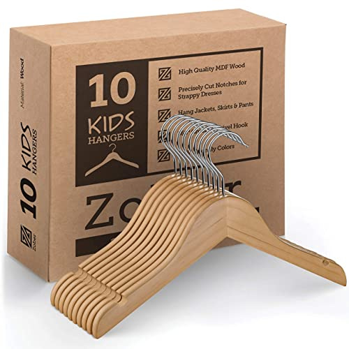 ZOBER High-Grade Wooden Children's Hangers (10 Pack) - Cute & Charming, Durable, Natural Wood, Unfinished, 32cm Wide, 360° Swivel Hook & Notched Shoulders - Toddler/Kids Clothes Hangers