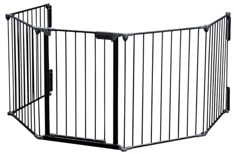 Wiltec XL Kaminschutzgitter 310 cm, Kinderschutzgitter mit Tür und Wandhalterung, Absperrgitter 5 Elemente aus Stahl, Türschutzgitter, Treppengitter Schwarz