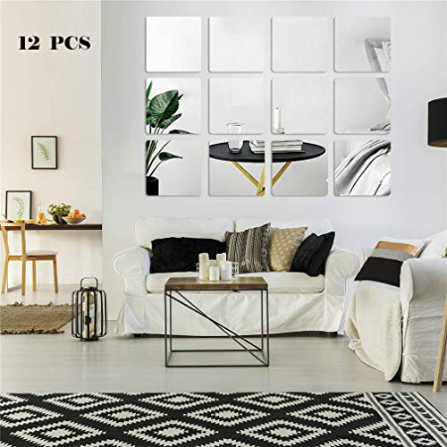 Xemz Square Mirror Wall Stickers, 12Pcs Self Adhesive Removable 3D Acrylic Mirror Wall Tiles Plastic Sheet, Art DIY Home Decorative for Living Room Sofa TV Background Bedroom Walls Decoration (20 cm)