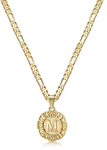 KissYan Initial Necklaces for Women, 14K Gold Plated Round Letter Pendant Capital Monogram Necklace Alphabets from A-Z Figaro Chain Jewelry(Gold M)