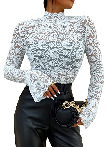 WDIRARA Women's Floral Lace Mock Neck Long Flounce Sleeve Pullover Sheer Slim Fit Stand Collar Blouse Top White L