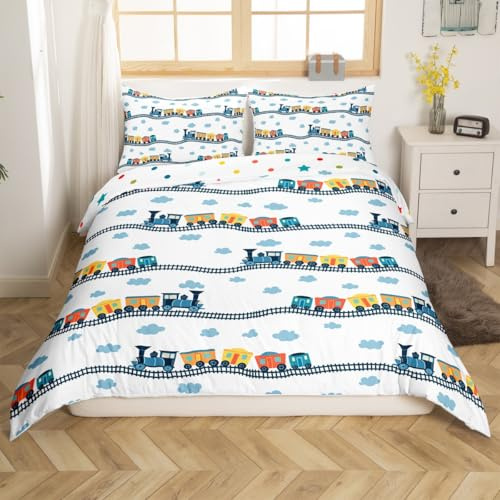 Erosebridal Cute Steam Engine Bed Sets for Kids Toddlers Kawaii Train Comforter Cover Construction Vehicles Duvet Cover Queen Cartoon Railway Bedding Set Boys Car Theme Bedspread Cover 3pcs