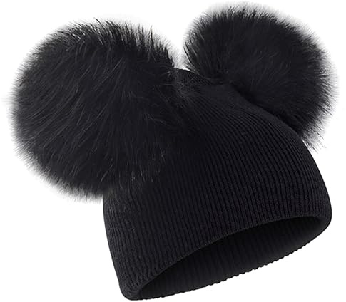 Cozylkx Cappello con Pompon Doppio in Pelliccia Sintetica per Bambini, Berretto Lavorato a Maglia, per Ragazze da 0 a 5 Anni