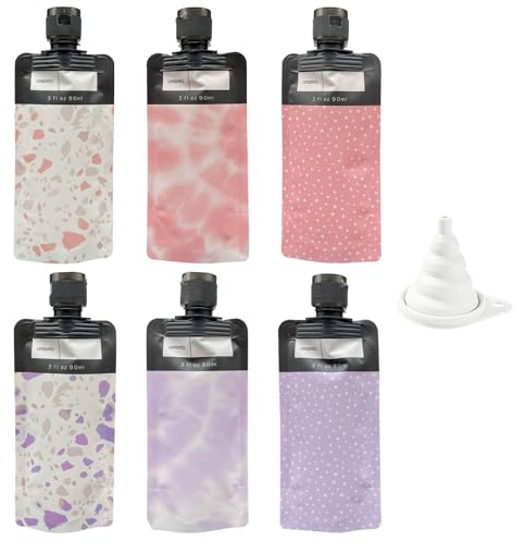 MEMOFYND 6 stycken 90 ml pressade reseflaskor och 1 tratt, necessär för resor, påse för fyllda vätskor, kosmetisk behållare för delad förvaring (rosa, lila)