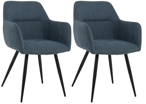 Mevsim Store Lot de 2 Chaises Salle à Manger Bleu en Lin – Chaises Ergonomiques et Rembourrées avec Accoudoirs, Dossier Courbé et Pieds Métal Noir – Style Moderne et Confortable pour Cuisine et Salon