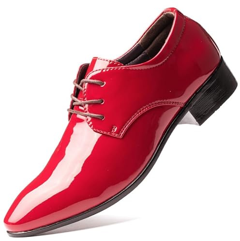 Ninepointninetynine Robe Oxford Chaussures for Hommes À Lacets Bout Pointu En Cuir PU Couleur Unie Derby Chaussures Semelle En Caoutchouc Bas Haut Antidérapant Bloc Talon Antidérapant Classique(rouge,