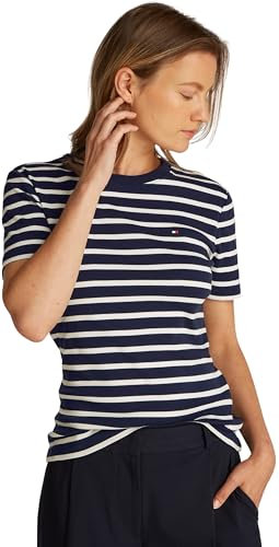 Tommy Hilfiger Damen Langarmshirt Slim U-Boot-Ausschnitt, Mehrfarbig (Ecru/Blue Spell STP), M