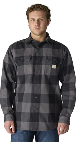 Carhartt Men's Loose Fit Heavyweight Flannel Long-Sleeve Plaid Shirt, Gravel, Large
