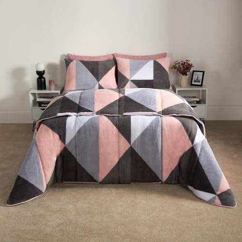 OHS Teddy Coverless Quilt Double 10.5 Tog, Reversible Fleece Duvet Double Washable Coverless Duvet Camping Winter Soft Warm Comfy Bedding with Pillowcases, Pink Geo
