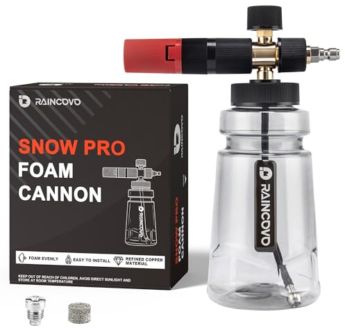 Raincovo Foam Cannon Wide Mouth for Pressure Washer, Thick Snow Foam Lance for Car Wash, Adjustable Soap Cannon with 1/4 Inch Quick Connector, Additional 1.1mm Orifice Nozzle