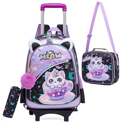 Mochila con Ruedas para Niña, HTgroce Estuche para Lápices y Bolsa para Almuerzo, Set Escolar con Diseño de Gato