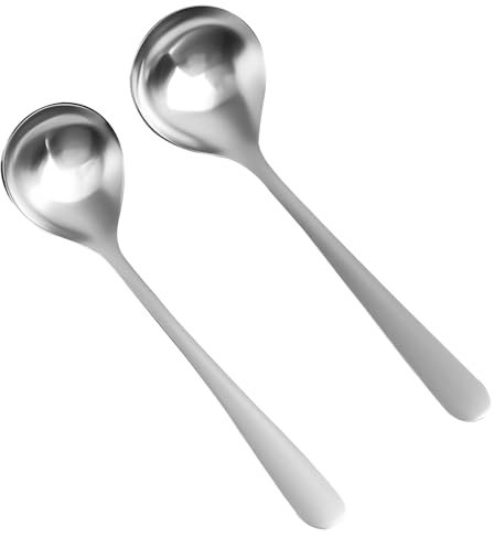 Set di 2 Mestoli da Zuppa in Acciaio Inox, Cucchiai da Portata Profondi e Resistenti per Casa, Cucina, Ristorante, Ideali per Salse e Minestre, Design Elegante e Moderno, Argento
