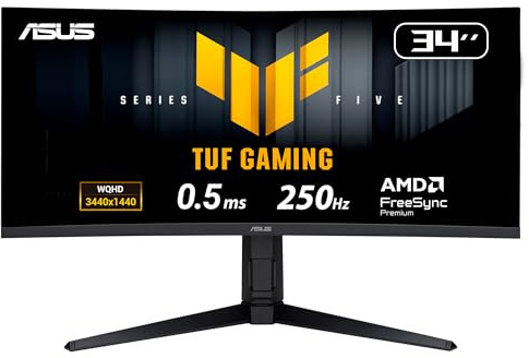 ASUS TUF Gaming 34” 1440P Ultrawide Curved Monitor (VG34WQML5A) - 250Hz, 0.5ms, FastIPS, FreeSync Premium, Extreme Low Motion Blur, DisplayHDR400, 95% DCI-P3, DisplayWidget, Gaming AI, 3 yr Warranty