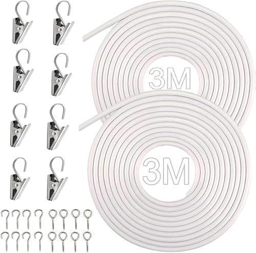 HECHKJ 2 Stück Vorhangdraht, 3 Meter Gardinen Seilsystem, Kunststoffbeschichtetes Gardinendraht, Weißes Gardinenseil, Geeignet für Türen, Fenster, Wände, Schränke, Badezimmer