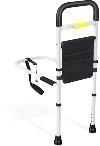 Panta Bed Rails for Elderly Adults Safety, Adjustable Bed Assist Rails for Seniors with Motion Light, Bed Side Rails with Support Legs and Storage Pocket, Portable Bed Cane (Black)
