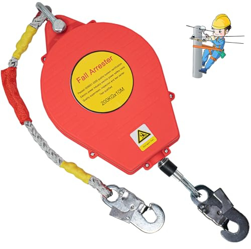 BOVDC Dispositif Antichute a Rappel Automatique, 200 kg Harnais de Securite Anti Chute Rétractable 10m, Rouge Retractable Harnais Anti Chute Professionnel Toiture et Travaux Aériens(1 Pièce,10m)