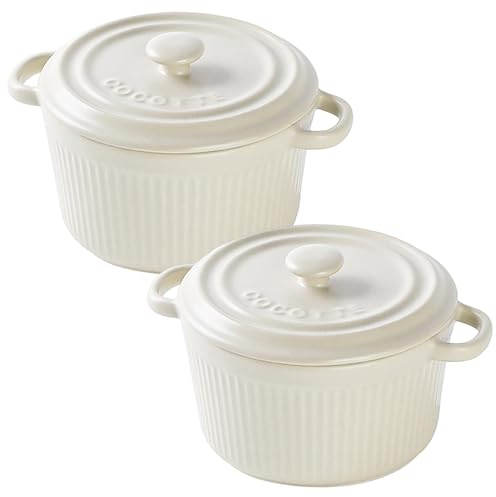 Set di 2 Ciotola da Forno in Ceramica con Coperchio 250 ml, Piatti da Soufflé, Pirottini con Manici per Torte, Carne, Verdure e Salse, Adatti per Friggitrice ad Aria, Forno, Microonde, Bianco