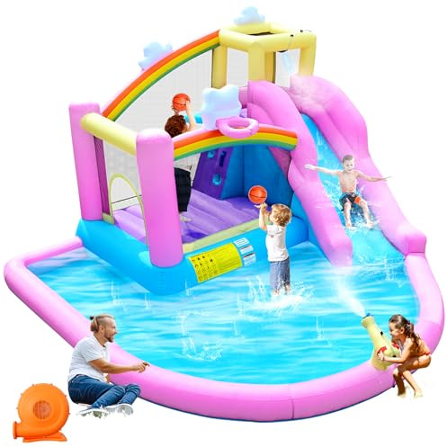 DIYJOTOFUN Aufblasbare Hüpfburg mit Wasserrutsche Kletterwand Basketballkorb und Planschbecken inkl Gebläse Outdoor für Kinder ideal für Garten