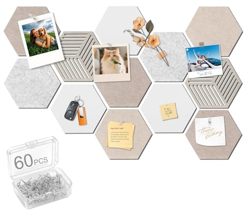 NUTKIT 12 Piezas Tablero de Fieltro Hexagonal Autoadhesivo, 30 * 26cm | Tablón de Anuncios DIY, con 60 PCS Alfileres, Panel de Fieltro para Colgar Fotos,Notas y Decoración del Hogar(Serie Camello)